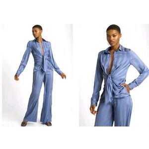 Choosy Slate Blue Striped Twist Front Wide Leg Jumpsuit 1909JS05 NWT Size 0